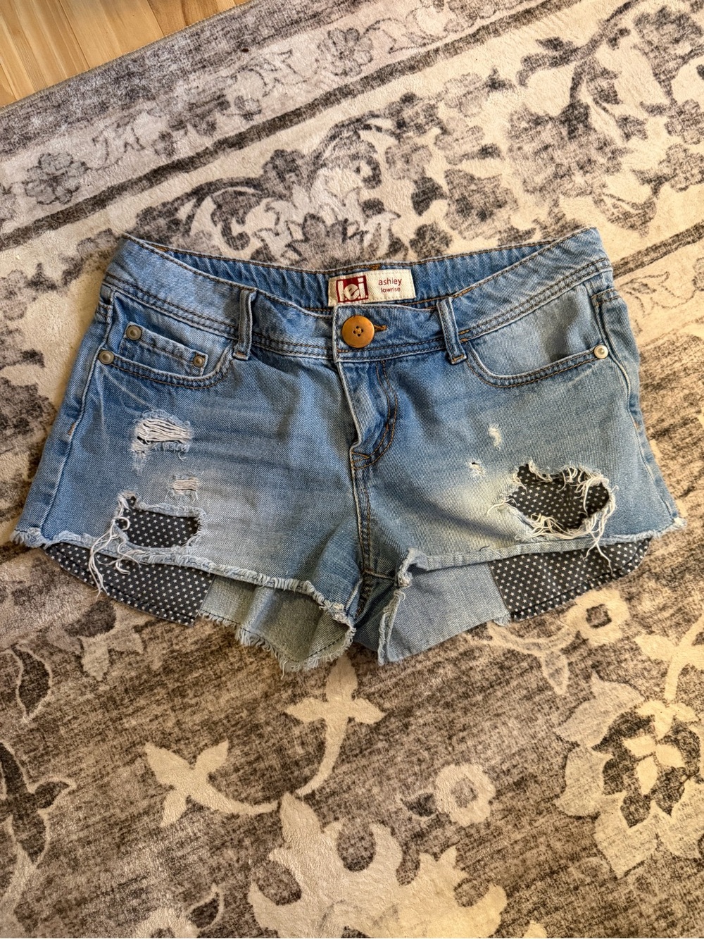 lei Light Blue Distressed Denim Shorts with Polka Dot Underlay